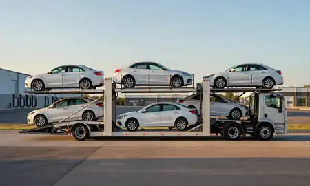 Car transporter parked in an industrial area of High Point, North Carolina, United States