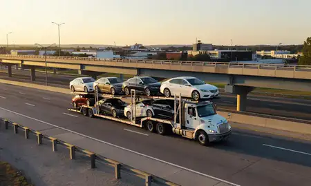 Car transporter with the High Point, North Carolina, United States skyline behind it