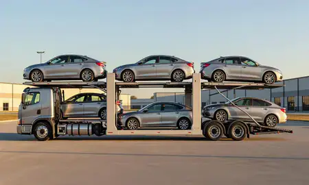 Car transporter parked in an industrial area of Holly Springs, North Carolina, United States