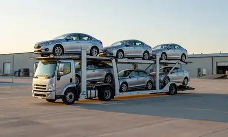 Car transporter loaded with vehicles in Holly Springs, North Carolina, United States