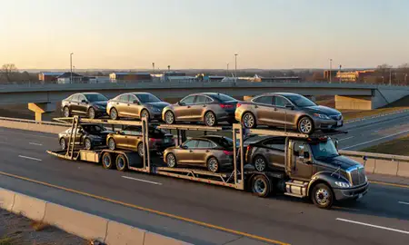 Car transporter with the Holly Springs, North Carolina, United States skyline behind it
