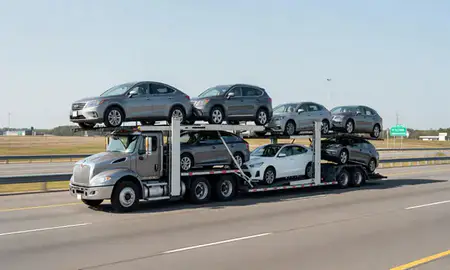 Multi-level car carrier on the highway to Huntersville, North Carolina, United States