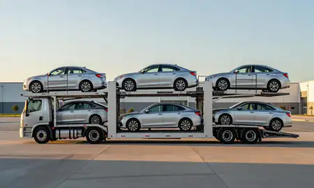 Car transporter parked in an industrial area of Huntersville, North Carolina, United States