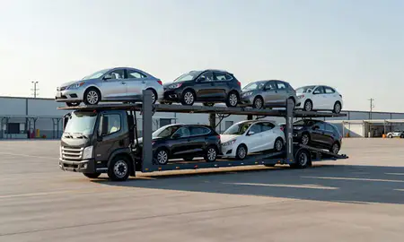 Car transporter loaded with vehicles in Huntersville, North Carolina, United States