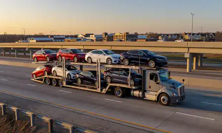Car transporter with the Huntersville, North Carolina, United States skyline behind it