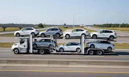 Multi-level car carrier on the highway to Indian Trail, North Carolina, United States