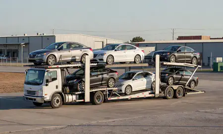 Car transporter loaded with vehicles in Indian Trail, North Carolina, United States