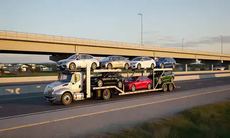 Car transporter with the Indian Trail, North Carolina, United States skyline behind it