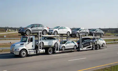 Multi-level car carrier on the highway to Jacksonville, North Carolina, United States
