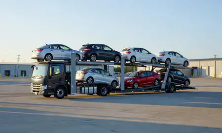 Car transporter loaded with vehicles in Jacksonville, North Carolina, United States