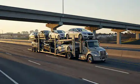 Car transporter with the Jacksonville, North Carolina, United States skyline behind it