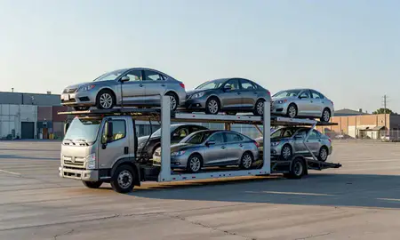 Car transporter loaded with vehicles in Kannapolis, North Carolina, United States