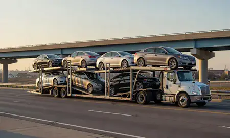 Car transporter with the Kannapolis, North Carolina, United States skyline behind it