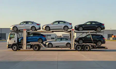 Car transporter parked in an industrial area of Monroe, North Carolina, United States