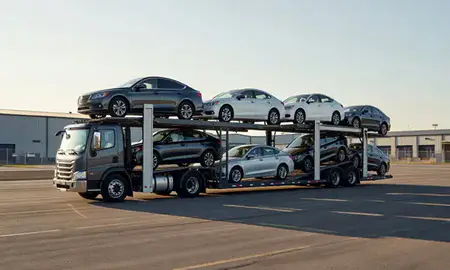 Car transporter loaded with vehicles in Monroe, North Carolina, United States