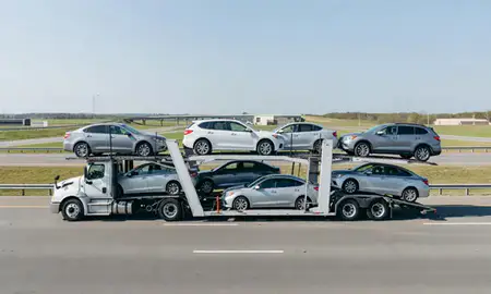 Multi-level car carrier on the highway to Mooresville, North Carolina, United States