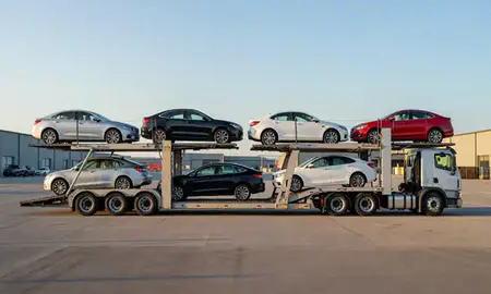 Car transporter parked in an industrial area of Mooresville, North Carolina, United States