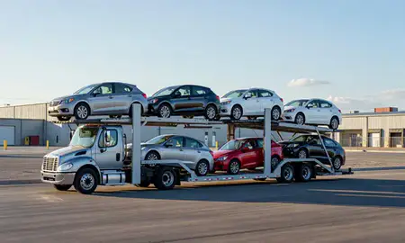 Car transporter loaded with vehicles in Mooresville, North Carolina, United States