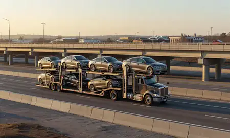 Car transporter with the Mooresville, North Carolina, United States skyline behind it