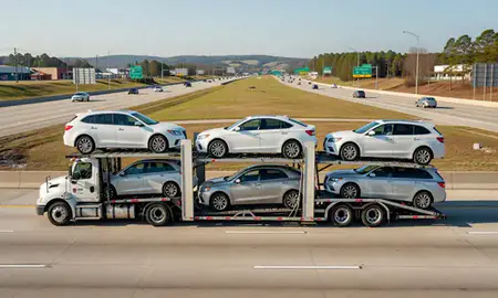 Multi-level car carrier on the highway to Raleigh, North Carolina, United States
