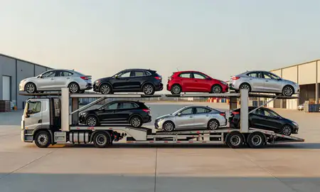 Car transporter parked in an industrial area of Raleigh, North Carolina, United States