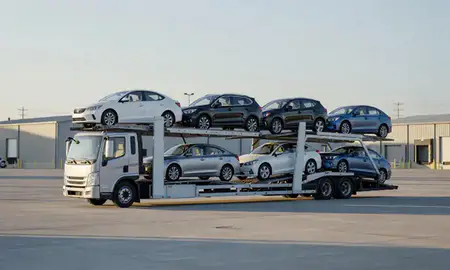 Car transporter loaded with vehicles in Raleigh, North Carolina, United States