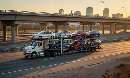 Car transporter with the Raleigh, North Carolina, United States skyline behind it