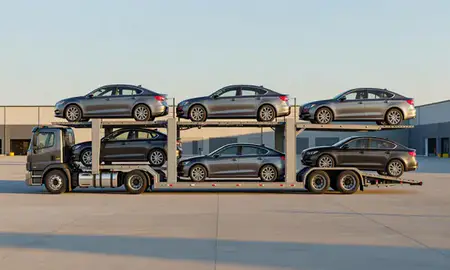 Car transporter parked in an industrial area of Rocky Mount, North Carolina, United States