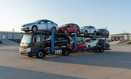 Car transporter loaded with vehicles in Rocky Mount, North Carolina, United States