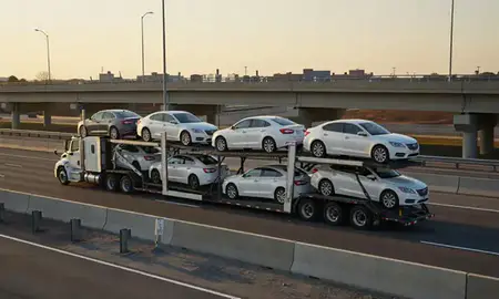 Car transporter with the Rocky Mount, North Carolina, United States skyline behind it