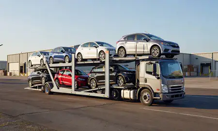 Car transporter loaded with vehicles in Salisbury, North Carolina, United States
