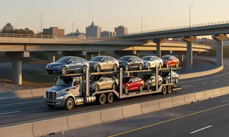 Car transporter with the Salisbury, North Carolina, United States skyline behind it