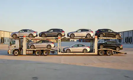 Car transporter parked in an industrial area of Wake Forest, North Carolina, United States