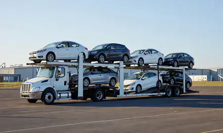 Car transporter loaded with vehicles in Wake Forest, North Carolina, United States