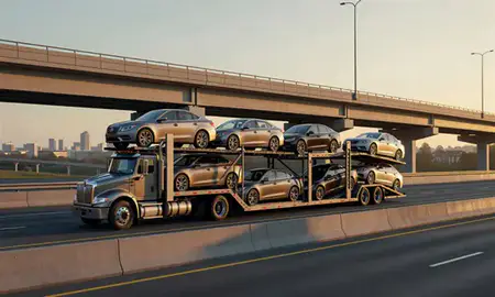 Car transporter with the Wake Forest, North Carolina, United States skyline behind it