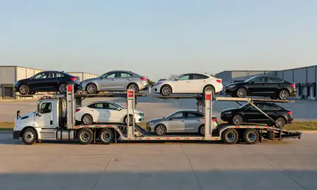 Car transporter parked in an industrial area of Wilson, North Carolina, United States