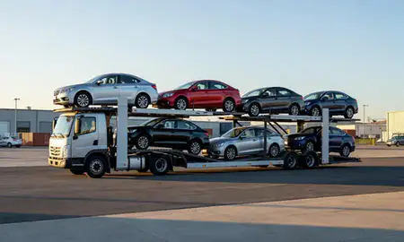 Car transporter loaded with vehicles in Wilson, North Carolina, United States