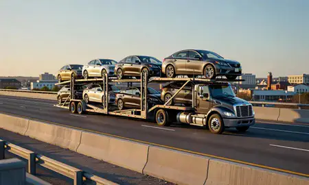 Car transporter with the Wilson, North Carolina, United States skyline behind it