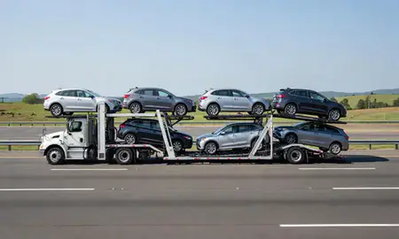 Multi-level car carrier on the highway to Winston-Salem, North Carolina, United States
