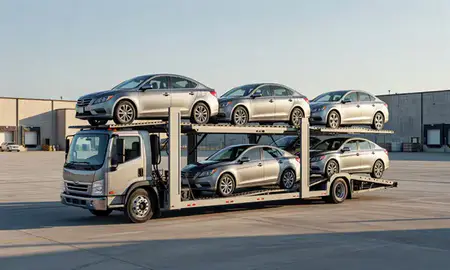 Car transporter loaded with vehicles in Winston-Salem, North Carolina, United States