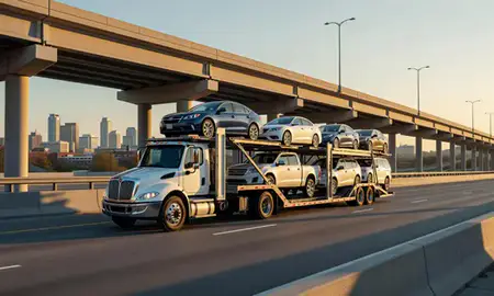 Car transporter with the Winston-Salem, North Carolina, United States skyline behind it
