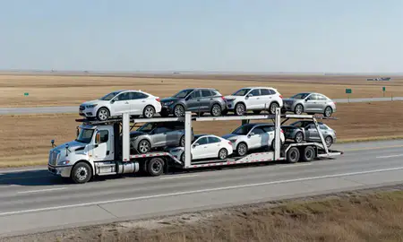 Multi-level car carrier on the highway to North Dakota, United States