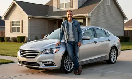 Customer with their delivered car in North Dakota, United States