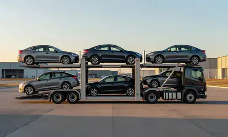 Car transporter parked in an industrial area of North Dakota, United States