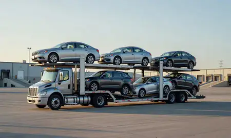 Car transporter loaded with vehicles in North Dakota, United States