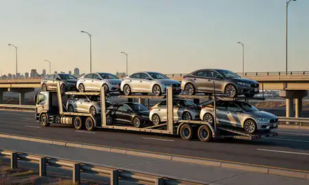 Car transporter with the North Dakota, United States skyline behind it