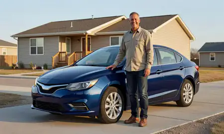 Customer with their delivered car in Belcourt, North Dakota, United States