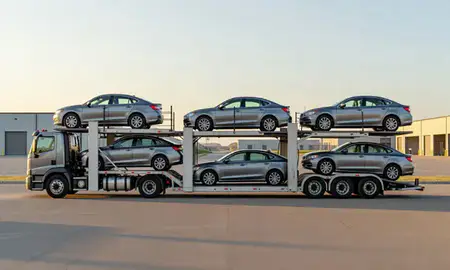 Car transporter parked in an industrial area of Belcourt, North Dakota, United States