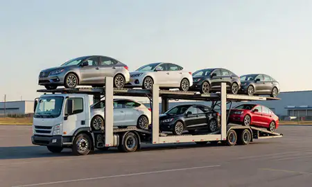 Car transporter loaded with vehicles in Belcourt, North Dakota, United States