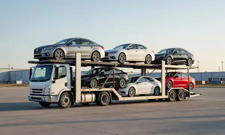 Car transporter loaded with vehicles in Beulah, North Dakota, United States